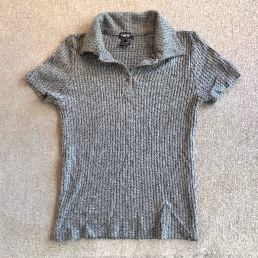 Bleusalt Gray Textured Waffle Knit Collared Top